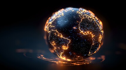 Poster - Glowing digital Earth model with illuminated city lights and connections floating in dark space, orange energy lines highlighting global network connectivity and data flow patterns.