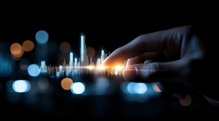 Poster - Digital graph with glowing chart lines touched by human hand against dark cityscape background with bokeh lights, representing financial technology and data analysis.
