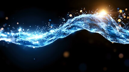 Poster - Dynamic blue water wave with glowing light effects and particles flowing against dark background, creating magical energy motion effect for abstract designs.