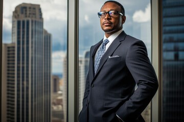 Poster - Confident businessman in a suit stands by a large window overlooking a city skyline.