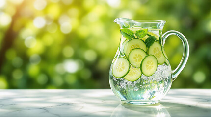 Aufkleber - A clear glass pitcher filled with water and slices of cucumber, placed on a surface with a blurred green background.