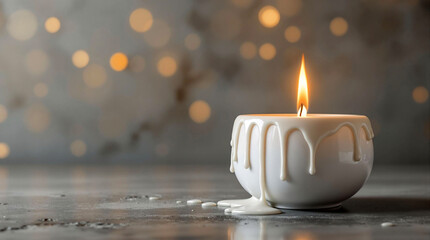 Aufkleber - A lit white candle with a flame, placed on a surface with a blurred background. The candle's flame casts a warm, inviting glow, contrasting with the cool, muted tones of the background.