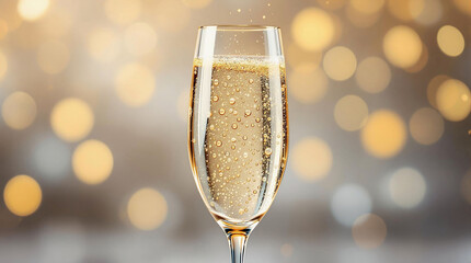 Poster - A glass of champagne being poured into it, set against a blurred background with bokeh effects. The glass is filled to the brim with the bubbly liquid, reflecting light and creating a shimmering effec