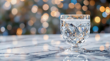 Aufkleber - A crystal goblet filled with water sitting atop a marble table, with a blurred bokeh of lights in the background.