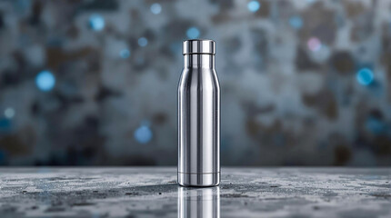 Aufkleber - A stainless steel water bottle placed on a surface with a blurred background. The bottle is silver in color, reflecting light, and has a sleek, cylindrical shape.