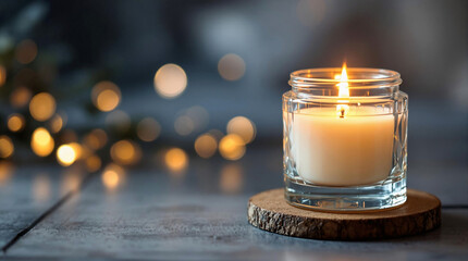 Aufkleber - A lit candle placed in a glass jar on a wooden surface, with a blurred bokeh background suggesting a festive or celebratory atmosphere.