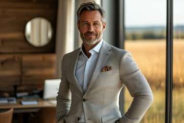 Poster - Confident mature man in a light grey suit, standing near a window with a view of a field.