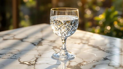 Poster - A glass of water sitting atop a marble table, with a blurred background suggesting a serene outdoor setting.