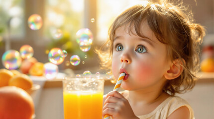 Poster - A candid shot of a young child, captured in a side profile, blowing bubbles with a toothbrush. The child is wearing a light-colored dress, and the background is slightly blurred, emphasizing the child
