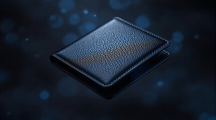 Poster - A black leather wallet on a dark, blurred background with a few blue dots.