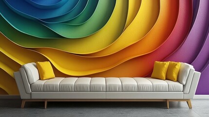 Wall Mural - Colorful wavy abstract art wall decor with sofa.