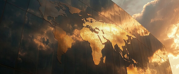 Poster - A modern architectural close-up of a metallic world map on a wall reflecting golden hues of a sunset sky, symbolizing global connections, unity, and world vision.