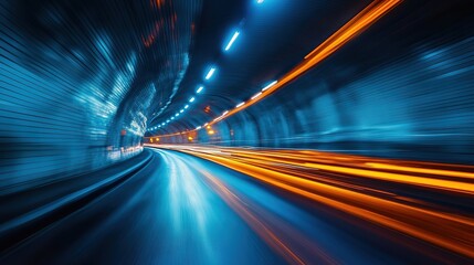 Aufkleber - Tunnel with car speeding through, blurred motion creating abstract light trails, fast night traffic on illuminated road, blue tinted urban transportation scene, 8k image