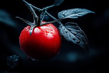 Wall Mural - A mysterious black tomato growing in a haunted garden under a full moon, glowing with eerie red veins