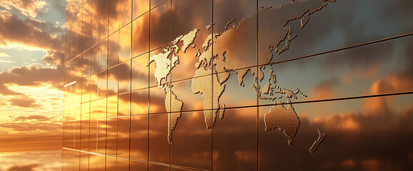 Poster - A close-up of a metallic world map etched on a reflective wall, bathed in golden sunset light, symbolizing global interconnectedness, geographical unity, and modern architecture.
