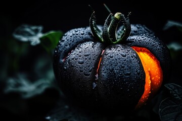 Wall Mural - A mysterious black tomato growing in a haunted garden under a full moon, glowing with eerie red veins