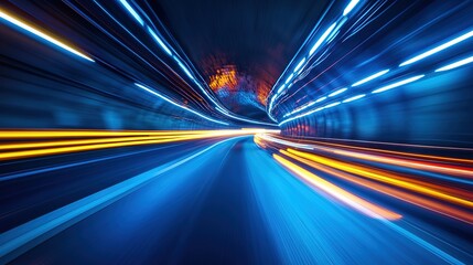 Aufkleber - Tunnel with car speeding through, blurred motion creating abstract light trails, fast night traffic on illuminated road, blue tinted urban transportation scene, 8k image