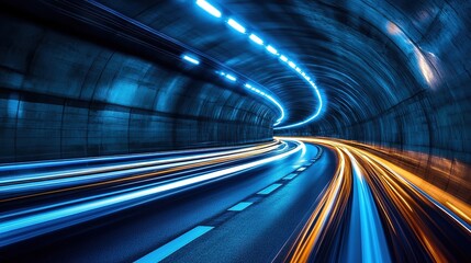 Aufkleber - Tunnel with car speeding through, blurred motion creating abstract light trails, fast night traffic on illuminated road, blue tinted urban transportation scene, 8k image