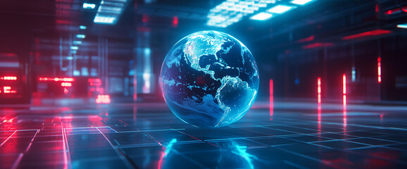 Poster - A glowing Earth floating in a futuristic digital environment with red and blue neon lights, symbolizing global connectivity, technology, and virtual networks