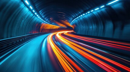 Aufkleber - Tunnel with car speeding through, blurred motion creating abstract light trails, fast night traffic on illuminated road, blue tinted urban transportation scene, 8k image