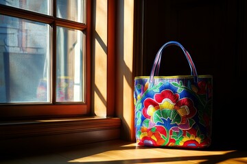 Poster - Colorful Floral Tote Bag in Sunlight by Window with Wooden Frame
