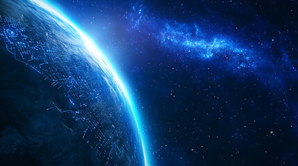 Poster - A view of Earth from space, showcasing glowing digital connections on the planetâ€™s surface, with a backdrop of stars and a galaxy, symbolizing global networks and digital connections.