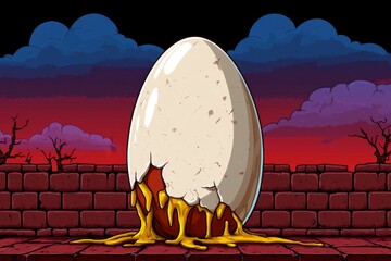 Poster - A pixel art egg yolk breaking open with animated dripping motion in a retro game style