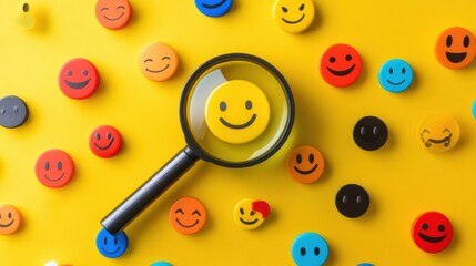 Aufkleber - Exploration of colorful smiley faces on a vibrant yellow background with a magnifying glass highlighting one cheerful face. Generative AI
