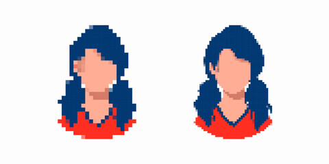 A pixel art portrait shows a girl with dark blue pigtails and a red shirt