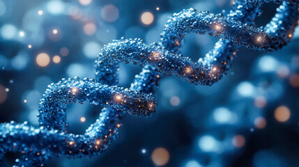 Poster - DNA strand composed of glowing particles, representing genetic research and biotechnology advancements