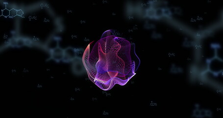 Poster - Abstract image of glowing, morphing shape over molecular structures on black background