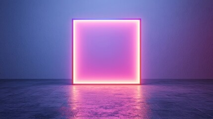 Poster - Illuminated neon square frame in a dark atmospheric setting.