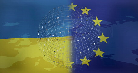Poster - European Union stars and grid image over Ukraine flag and map
