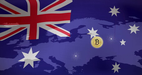 Poster - Bitcoin symbols and Australian flag image over world map
