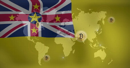 Poster - Bitcoin symbols and world map image over Niue flag background