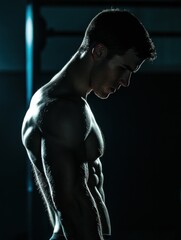 Poster - Muscular man training hard in dimly lit gym focusing on strength and fitness at evening workout session. Generative AI