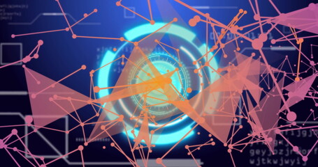 Poster - Abstract geometric shapes and digital connections image over blue background with circular patterns