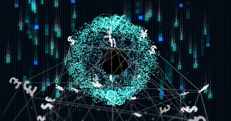 Poster - Digital currency symbols and binary code image over network connections and data processing
