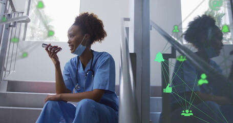 Poster - Image of network of connections over african american female doctor talking on smartphone