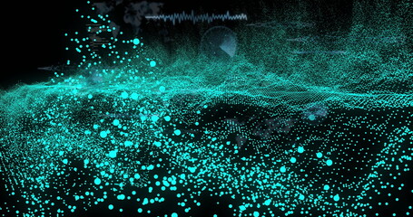 Poster - image of blue spots over data processing on black background