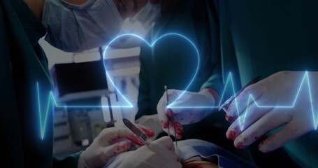 Poster - Image of cardiograph over diverse surgeons in operating theatre