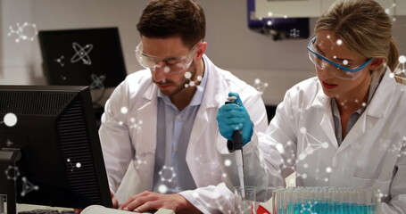 Poster - Image of molecules and data processing over diverse scientists in laboratory