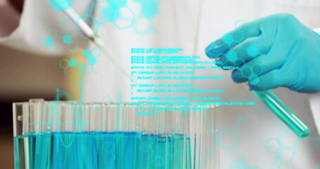 Poster - image of scientific data processing over caucasian male scientist with test tubes in laboratory