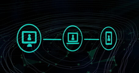 Poster - image of communication media network over contours and connections on black background