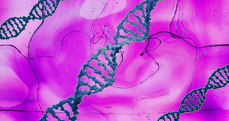 Poster - Image of blue dna strands rotating on pink liquid moving over tiles