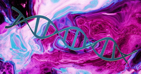 Poster - Image of blue dna strand rotating over moving pink and blue liquid