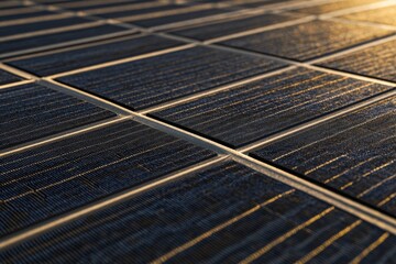 Wall Mural - rows of solar panels at sunset clean and renewable energy source, capturing the golden hour