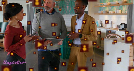 Poster - Image of network of connections with icons over diverse colleagues working in office