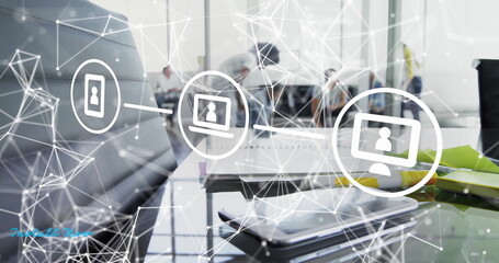 Poster - Image of network of connections with icons over diverse colleagues working in office