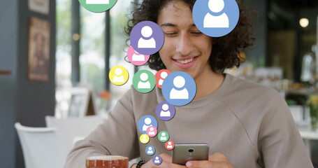 Poster - Image of like icons over biracial man using smartphone